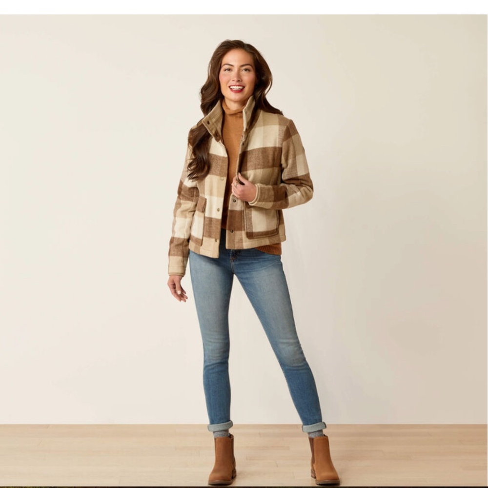 Ariat Women's Maryland Jacket in Brown and Cream Plaid size S - Picture 2 of 11